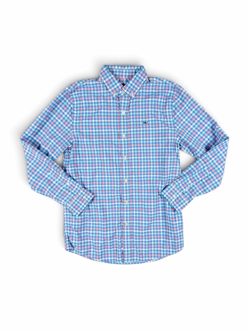 Vineyard Vines Performance Whale Shirt Plaid Blue Pink Boys Medium 12-14
